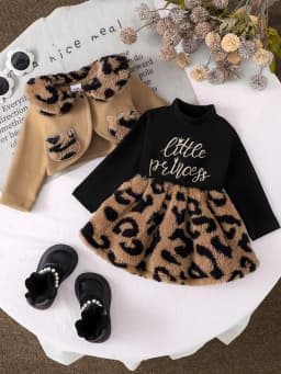 Baby Girl's "Little Princess" Leopard Print Plush Dress + Lapel Short Coat Set, Warm and Stylish Two-Piece Set for Autumn and Winter