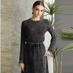 Fall Season Denim Black Women Lady Clothes Maxi Waisted Skirt and Long Sleeves Top Set Raw Edges Girl Skirt with Pockets
