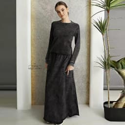Fall Season Denim Black Women Lady Clothes Maxi Waisted Skirt and Long Sleeves Top Set Raw Edges Girl Skirt with Pockets