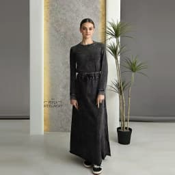 Fall Season Denim Black Women Lady Clothes Maxi Waisted Skirt and Long Sleeves Top Set Raw Edges Girl Skirt with Pockets