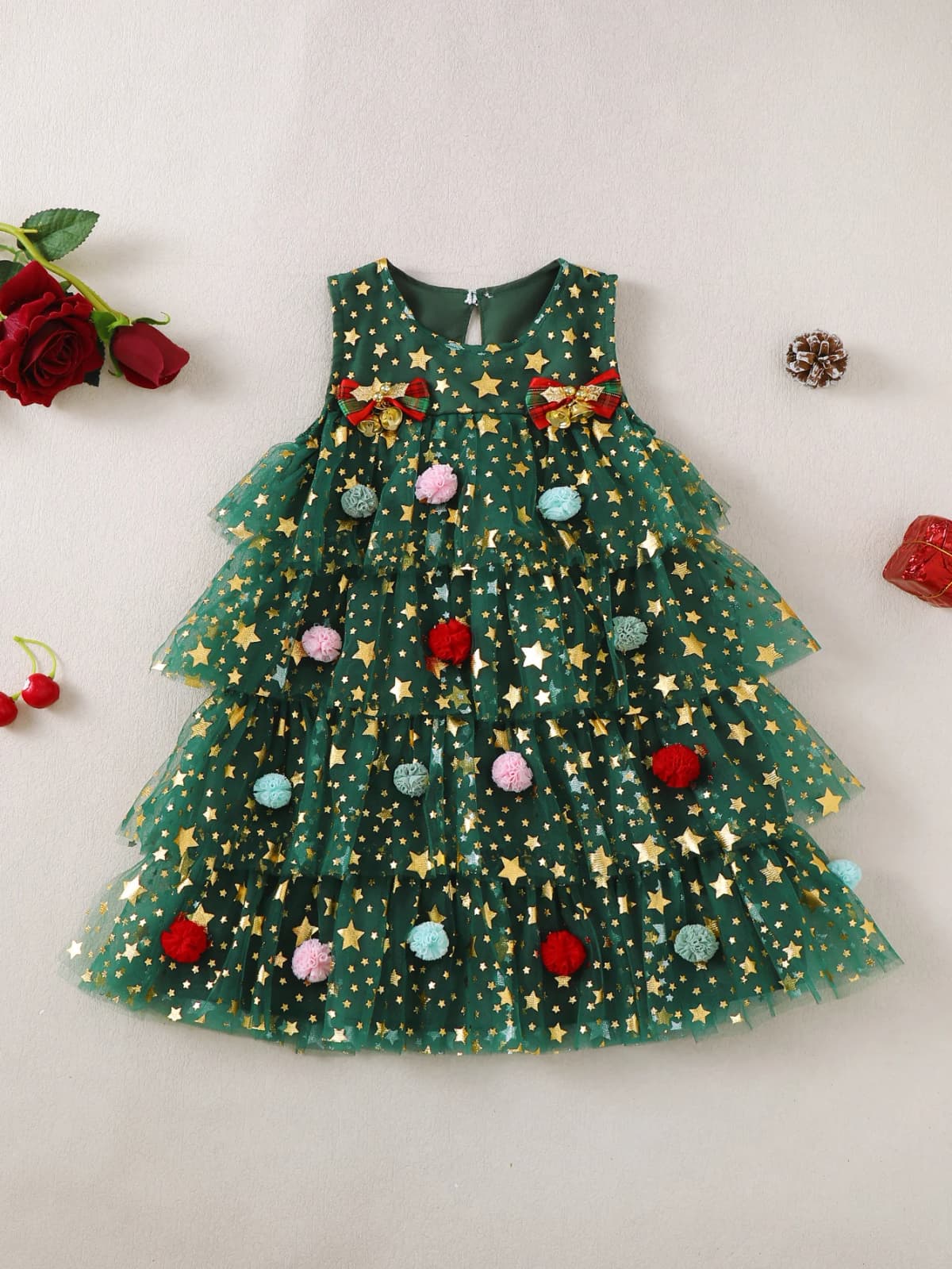 Christmas Star Pattern Sleeveless Tulle Dress for Baby Girls Toddler Girls' Clothing Festive Outfit for Children