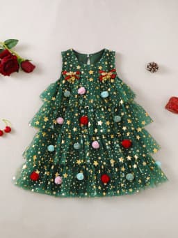 Christmas Star Pattern Sleeveless Tulle Dress for Baby Girls Toddler Girls' Clothing Festive Outfit for Children