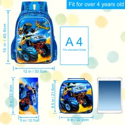 3PCS Car Backpack for Boys, 16" Kids Bookbag and Lunch Box, Preschool Backpacks for Elementary Students
