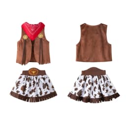 Little Girls Western Cowgirl Dress‑Up Outfit Fringe Cow Print Skirt Kids Costume Set for Carnival Theme Party