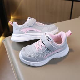 COMFY KIDS Girls Grey Pink Mesh Hook and Loop Running Shoes, Soft Cushioned Non-Slip Breathable Kids Athletic Sneakers, All Seas