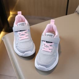 COMFY KIDS Girls Grey Pink Mesh Hook and Loop Running Shoes, Soft Cushioned Non-Slip Breathable Kids Athletic Sneakers, All Seas