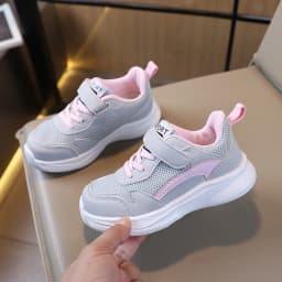 COMFY KIDS Girls Grey Pink Mesh Hook and Loop Running Shoes, Soft Cushioned Non-Slip Breathable Kids Athletic Sneakers, All Seas