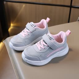 COMFY KIDS Girls Grey Pink Mesh Hook and Loop Running Shoes, Soft Cushioned Non-Slip Breathable Kids Athletic Sneakers, All Seas