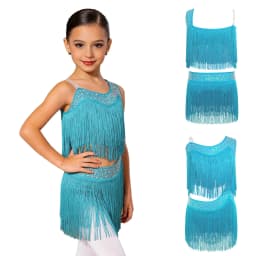 6-16Y Girls Latin Jazz Dance Cha-Cha Rumba Samba Tango Salsa Performance Dress Shiny Rhinestones Cutout Tassel Leotard Dresses