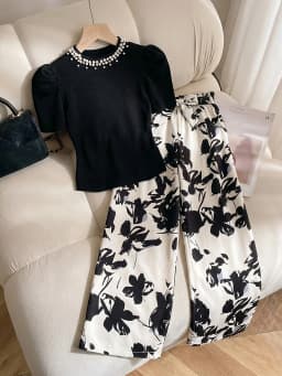 Girls' Casual Outfit Set: T-Shirt with Bead Decoration in Solid Color + Printed Straight-Leg Pants Two-Piece Set, Suitable for 5-13 Year Old Children and Teenage Girls, Versatile Clothing for Home and Outings
