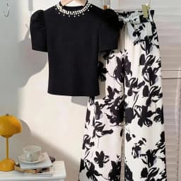 Girls' Casual Outfit Set: T-Shirt with Bead Decoration in Solid Color + Printed Straight-Leg Pants Two-Piece Set, Suitable for 5-13 Year Old Children and Teenage Girls, Versatile Clothing for Home and Outings