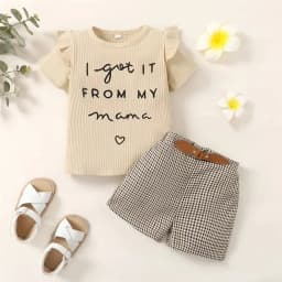 2PCS Toddler Baby Girl Clothing Set Letter Print Short Sleeve Top+Checkered Shorts Fashion Casual Suits for Kids Girl 1-6 Years
