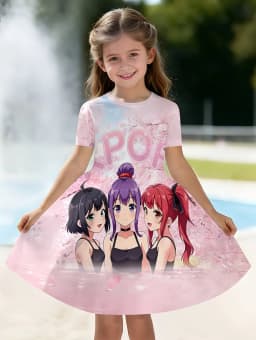 Kpop Cartoon Graphic Dress for Girls Funny Gift for Fan Harajuku Girl Clothes Summer Tops Short Sleeve Dress Children's Clothing
