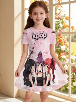 Kpop Cartoon Graphic Dress for Girls Funny Gift for Fan Harajuku Girl Clothes Summer Tops Short Sleeve Dress Children's Clothing