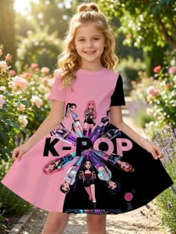 Kpop Cartoon Graphic Dress for Girls Funny Gift for Fan Harajuku Girl Clothes Summer Tops Short Sleeve Dress Children's Clothing