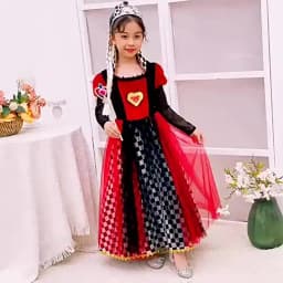 Girls Queen of Hearts Cosplay Dress Black White Checkered Skirt with Red Tulle Kids Halloween Costume Theme Party Outfit