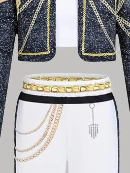 Trendy Girls 3Pcs Glitter Gold-Trim Jacket & Shorts Outfit with Chain Details for Cheer & Dance Recitals
