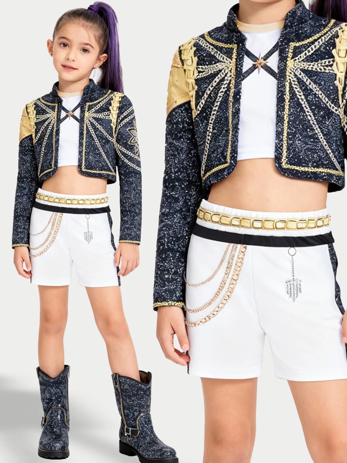 Trendy Girls 3Pcs Glitter Gold-Trim Jacket & Shorts Outfit with Chain Details for Cheer & Dance Recitals