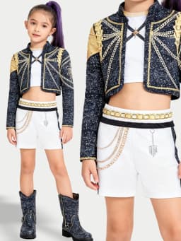 Trendy Girls 3Pcs Glitter Gold-Trim Jacket & Shorts Outfit with Chain Details for Cheer & Dance Recitals