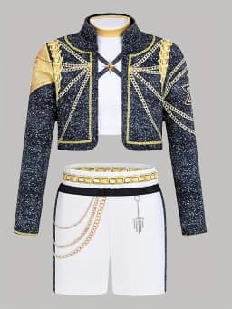 Trendy Girls 3Pcs Glitter Gold-Trim Jacket & Shorts Outfit with Chain Details for Cheer & Dance Recitals