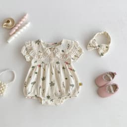 Summer 2026 New Style Baby Girls' Fashionable Crawling Suits, Short Sleeve, with Flower Prints and Flap Collar for Toddlers