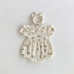 Summer 2026 New Style Baby Girls' Fashionable Crawling Suits, Short Sleeve, with Flower Prints and Flap Collar for Toddlers