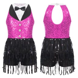 6-16Y Kids Girls Jazz Latin Dance Bodysuit Cha-cha Samba Rumba Tango Ballroom Dancewear Sleeveless Shiny Tassels Leotard Dress