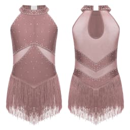 6-16Y Kids Girls Jazz Latin Dance Bodysuit Cha-cha Samba Rumba Tango Ballroom Dancewear Sleeveless Shiny Tassels Leotard Dress