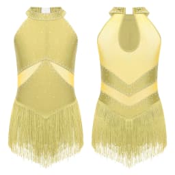 6-16Y Kids Girls Jazz Latin Dance Bodysuit Cha-cha Samba Rumba Tango Ballroom Dancewear Sleeveless Shiny Tassels Leotard Dress