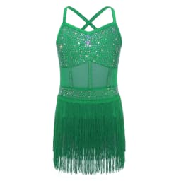 6-16Y Kids Girls Jazz Latin Dance Bodysuit Cha-cha Samba Rumba Tango Ballroom Dancewear Sleeveless Shiny Tassels Leotard Dress