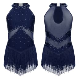 6-16Y Kids Girls Jazz Latin Dance Bodysuit Cha-cha Samba Rumba Tango Ballroom Dancewear Sleeveless Shiny Tassels Leotard Dress