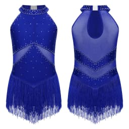 6-16Y Kids Girls Jazz Latin Dance Bodysuit Cha-cha Samba Rumba Tango Ballroom Dancewear Sleeveless Shiny Tassels Leotard Dress