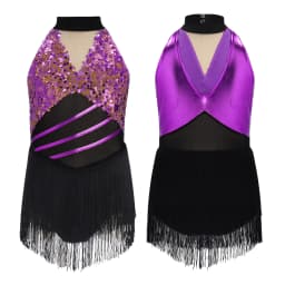 6-16Y Kids Girls Jazz Latin Dance Bodysuit Cha-cha Samba Rumba Tango Ballroom Dancewear Sleeveless Shiny Tassels Leotard Dress