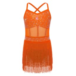6-16Y Kids Girls Jazz Latin Dance Bodysuit Cha-cha Samba Rumba Tango Ballroom Dancewear Sleeveless Shiny Tassels Leotard Dress