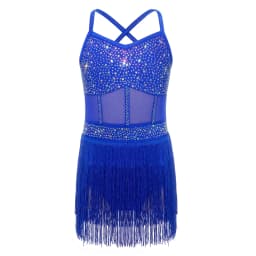 6-16Y Kids Girls Jazz Latin Dance Bodysuit Cha-cha Samba Rumba Tango Ballroom Dancewear Sleeveless Shiny Tassels Leotard Dress
