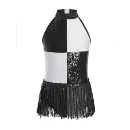6-16Y Kids Girls Jazz Latin Dance Bodysuit Cha-cha Samba Rumba Tango Ballroom Dancewear Sleeveless Shiny Tassels Leotard Dress