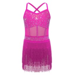 6-16Y Kids Girls Jazz Latin Dance Bodysuit Cha-cha Samba Rumba Tango Ballroom Dancewear Sleeveless Shiny Tassels Leotard Dress