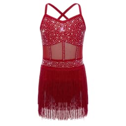 6-16Y Kids Girls Jazz Latin Dance Bodysuit Cha-cha Samba Rumba Tango Ballroom Dancewear Sleeveless Shiny Tassels Leotard Dress