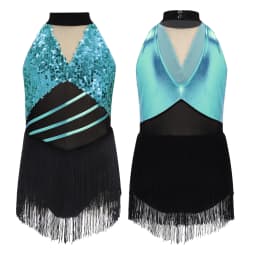 6-16Y Kids Girls Jazz Latin Dance Bodysuit Cha-cha Samba Rumba Tango Ballroom Dancewear Sleeveless Shiny Tassels Leotard Dress