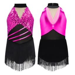 6-16Y Kids Girls Jazz Latin Dance Bodysuit Cha-cha Samba Rumba Tango Ballroom Dancewear Sleeveless Shiny Tassels Leotard Dress