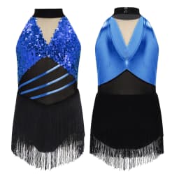 6-16Y Kids Girls Jazz Latin Dance Bodysuit Cha-cha Samba Rumba Tango Ballroom Dancewear Sleeveless Shiny Tassels Leotard Dress