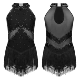 6-16Y Kids Girls Jazz Latin Dance Bodysuit Cha-cha Samba Rumba Tango Ballroom Dancewear Sleeveless Shiny Tassels Leotard Dress