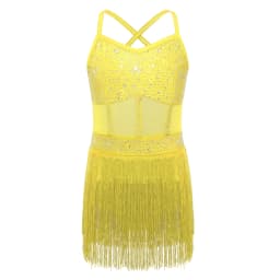 6-16Y Kids Girls Jazz Latin Dance Bodysuit Cha-cha Samba Rumba Tango Ballroom Dancewear Sleeveless Shiny Tassels Leotard Dress