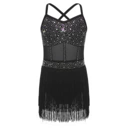 6-16Y Kids Girls Jazz Latin Dance Bodysuit Cha-cha Samba Rumba Tango Ballroom Dancewear Sleeveless Shiny Tassels Leotard Dress