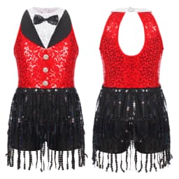 6-16Y Kids Girls Jazz Latin Dance Bodysuit Cha-cha Samba Rumba Tango Ballroom Dancewear Sleeveless Shiny Tassels Leotard Dress