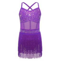 6-16Y Kids Girls Jazz Latin Dance Bodysuit Cha-cha Samba Rumba Tango Ballroom Dancewear Sleeveless Shiny Tassels Leotard Dress