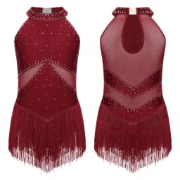 6-16Y Kids Girls Jazz Latin Dance Bodysuit Cha-cha Samba Rumba Tango Ballroom Dancewear Sleeveless Shiny Tassels Leotard Dress