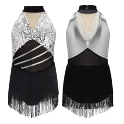 6-16Y Kids Girls Jazz Latin Dance Bodysuit Cha-cha Samba Rumba Tango Ballroom Dancewear Sleeveless Shiny Tassels Leotard Dress