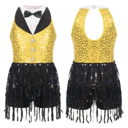 6-16Y Kids Girls Jazz Latin Dance Bodysuit Cha-cha Samba Rumba Tango Ballroom Dancewear Sleeveless Shiny Tassels Leotard Dress