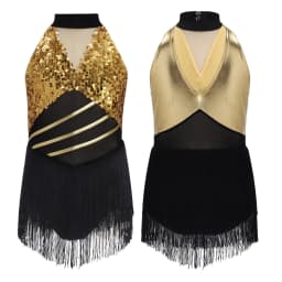 6-16Y Kids Girls Jazz Latin Dance Bodysuit Cha-cha Samba Rumba Tango Ballroom Dancewear Sleeveless Shiny Tassels Leotard Dress